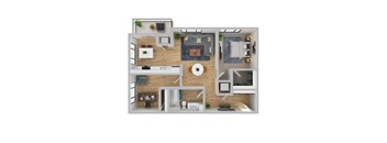 A top-down view of a modern apartment layout with a living room, kitchen, and two bedrooms.