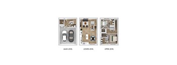 Three images show the layout of a house from the main level, lower level, and upper level.