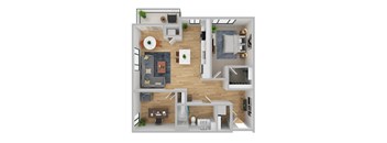 A top-down view of a modern apartment layout with a living room, kitchen, and bedroom.