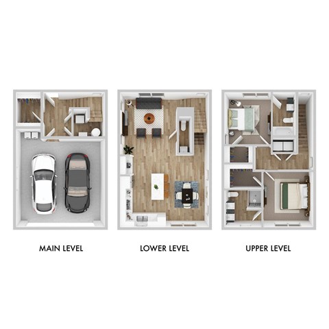 Three images show the layout of a house from the main level, lower level, and upper level.
