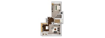 A floor plan of a house with a kitchen, living room, and two bedrooms.