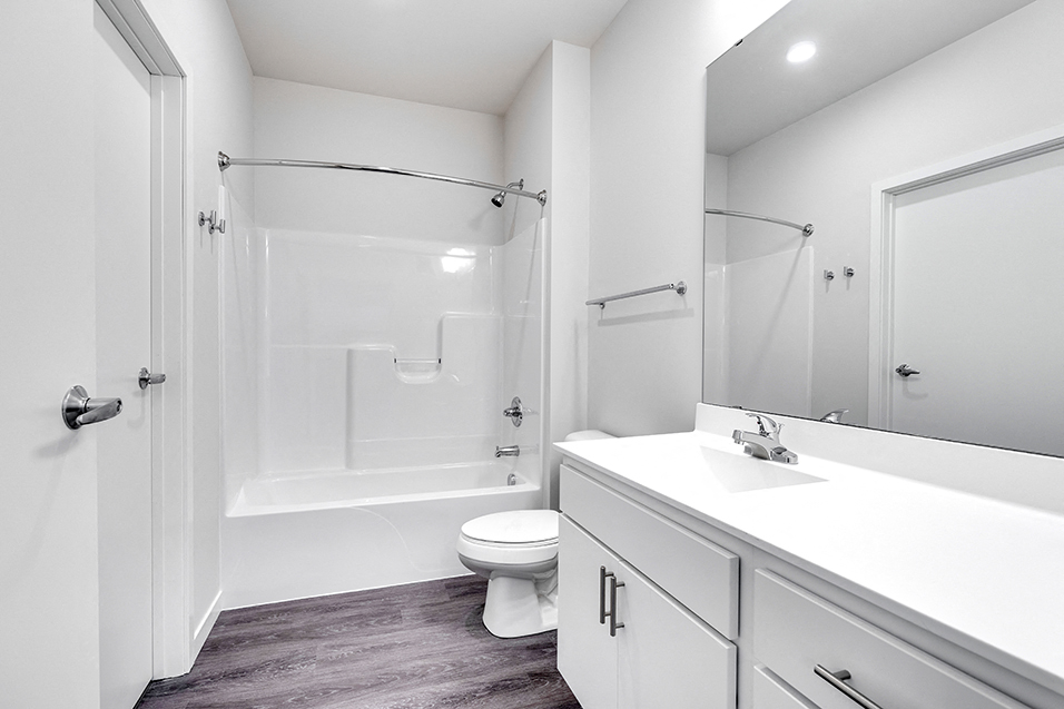 full bathroom with gray wood floors and white walls and finishes