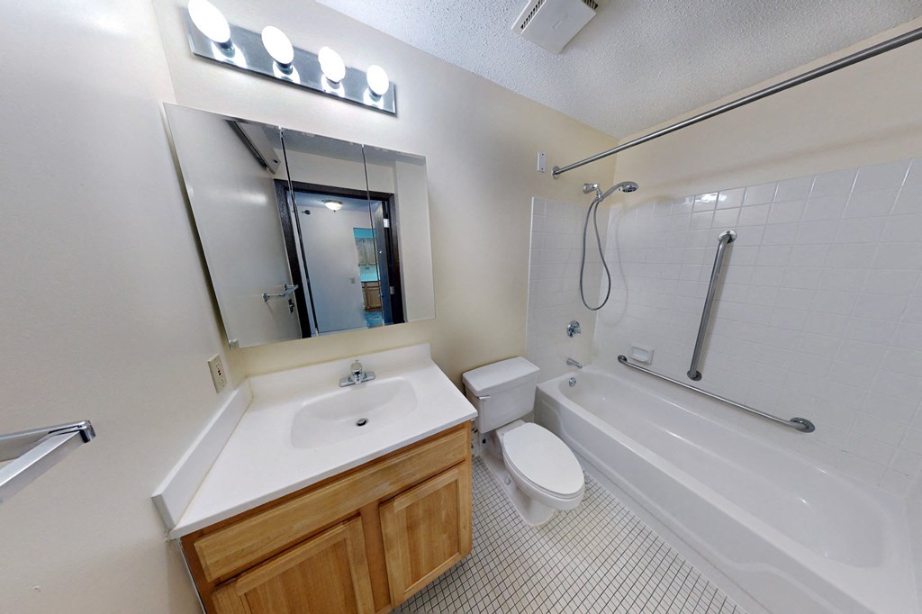a bathroom with a sink toilet and bathtub