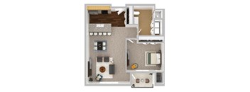 A top-down view of a house layout with a kitchen, living room, and two bedrooms.