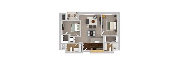 A top-down view of a house layout with a living room, kitchen, dining area, and bedrooms.