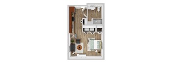 A top-down view of a modern, minimalist bedroom with a bed, nightstand, and a small kitchenette.