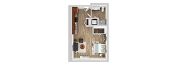 A top-down view of a modern apartment layout with a kitchen, living room, and bathroom.