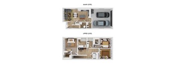 A floor plan of a two-level apartment with labeled sections.