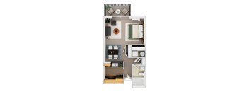 A top-down view of a small, neatly organized apartment with a kitchen, living room, and bedroom.