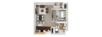 A top-down view of a house layout with a kitchen, living room, dining room, and bedrooms.