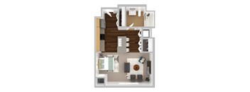 A 3D floor plan of a house showing a kitchen, living room, dining room, and bathroom.