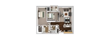A 3D floor plan of a small apartment with a bedroom, living room, and kitchen.