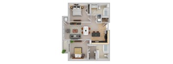 A top-down view of a small apartment with a kitchen, living room, and bedroom.