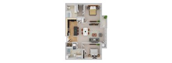A top-down view of a small apartment with a kitchen, living room, and bathroom.