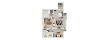 A top-down view of a small apartment with a kitchen, living room, and bedroom.