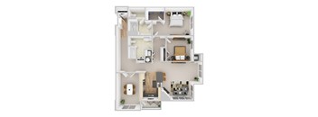 A 3D floor plan of a small apartment with a kitchen, living room, and bathroom.