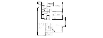 A floor plan of a house with a living room, kitchen, and two bedrooms.