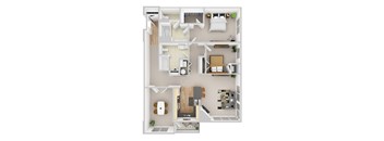 A 3D floor plan of a small apartment with a kitchen, living room, and bathroom.