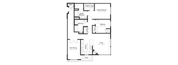 A floor plan of a house with a den, two bedrooms, a living room, a kitchen, a master bathroom, and a walk-in closet.