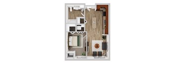 A top-down view of a small apartment with a kitchen, living room, and bathroom.