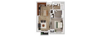 A top-down view of a small apartment with a kitchen, living room, and bathroom.