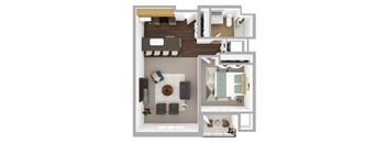 A top-down view of a modern kitchen and living room.
