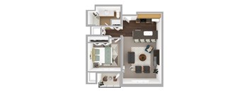 A top-down view of a small apartment with a kitchen, living room, and bathroom.