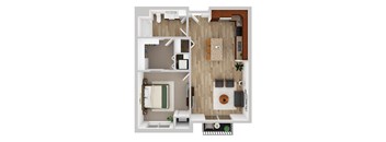 A top down view of a small apartment with a kitchen, living room, and bathroom.