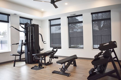 A gym with a variety of equipment including a bench, a leg press machine, and a rowing machine.