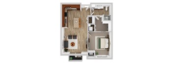 A floor plan of a house with a kitchen, living room, and bedrooms.