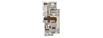 A floor plan of a house with a kitchen, living room, dining room, and two bedrooms.