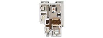 A 3D floor plan of a small apartment with a kitchen, living room, and bedroom.