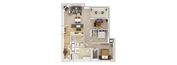 A top-down view of a house layout with a kitchen, living room, dining area, and bedrooms.