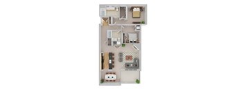 A top-down view of a house layout with a living room, dining area, kitchen, and bedrooms.