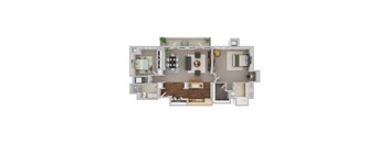A 3D floor plan of a house with a kitchen, living room, dining room, and bathroom.