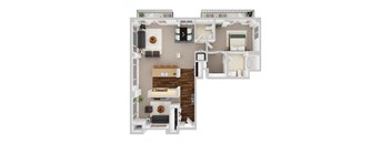 A 3D floor plan of a house with a kitchen, living room, and bedrooms.