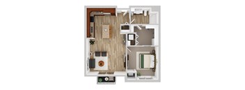 A floor plan of a house with a kitchen, living room, and bathroom.