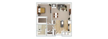 A top-down view of a living room, kitchen, and bathroom layout.