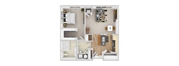 A top-down view of a small apartment with a kitchen, living room, and bathroom.