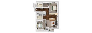 A 3D floor plan of a small apartment with a kitchen, living room, and bathroom.