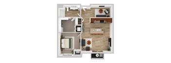 A 3D floor plan of a small apartment with a bedroom, living room, and kitchen.