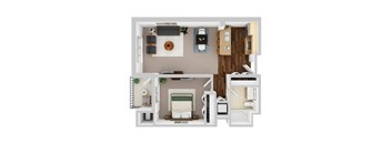 A top-down view of a small apartment with a bedroom, living room, and kitchen.
