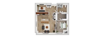 A top down view of a house interior with a kitchen, living room, and bedrooms.