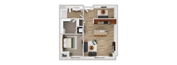 A top-down view of a modern apartment with a kitchen, living room, and bathroom.