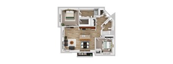 A top-down view of a two-bedroom apartment with a living room, kitchen, and bathroom.