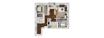 A top-down view of a small apartment layout with a kitchen, living room, and bathroom.