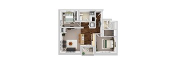 A 3D floor plan of a small apartment with a kitchen, living room, and bathroom.