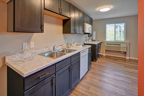 a kitchen with wood flooring and a counter top with a sink