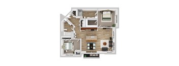 A top-down view of a house layout with a kitchen, living room, and bedrooms.