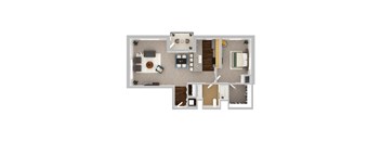 A top-down view of a house layout with a living room, kitchen, and two bedrooms.